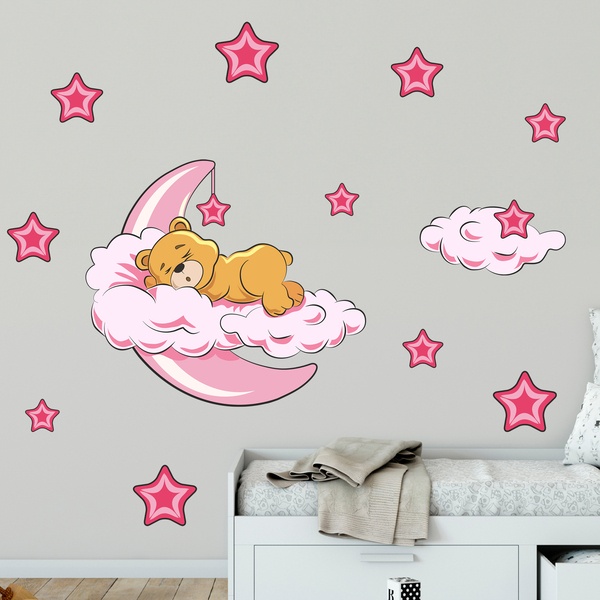 Kinderzimmer Wandtattoo: Bären in den Wolken und Mond rosa
