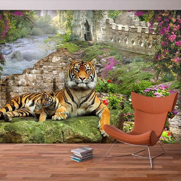 Fototapeten: Tiger mit seinem Kalb