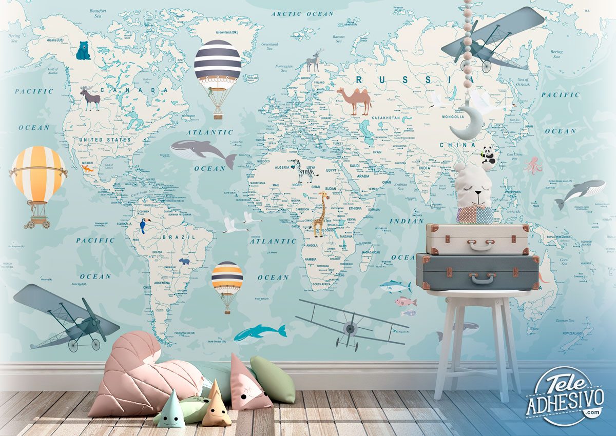 Fototapeten: Weltkarte Flugzeuge und Globen