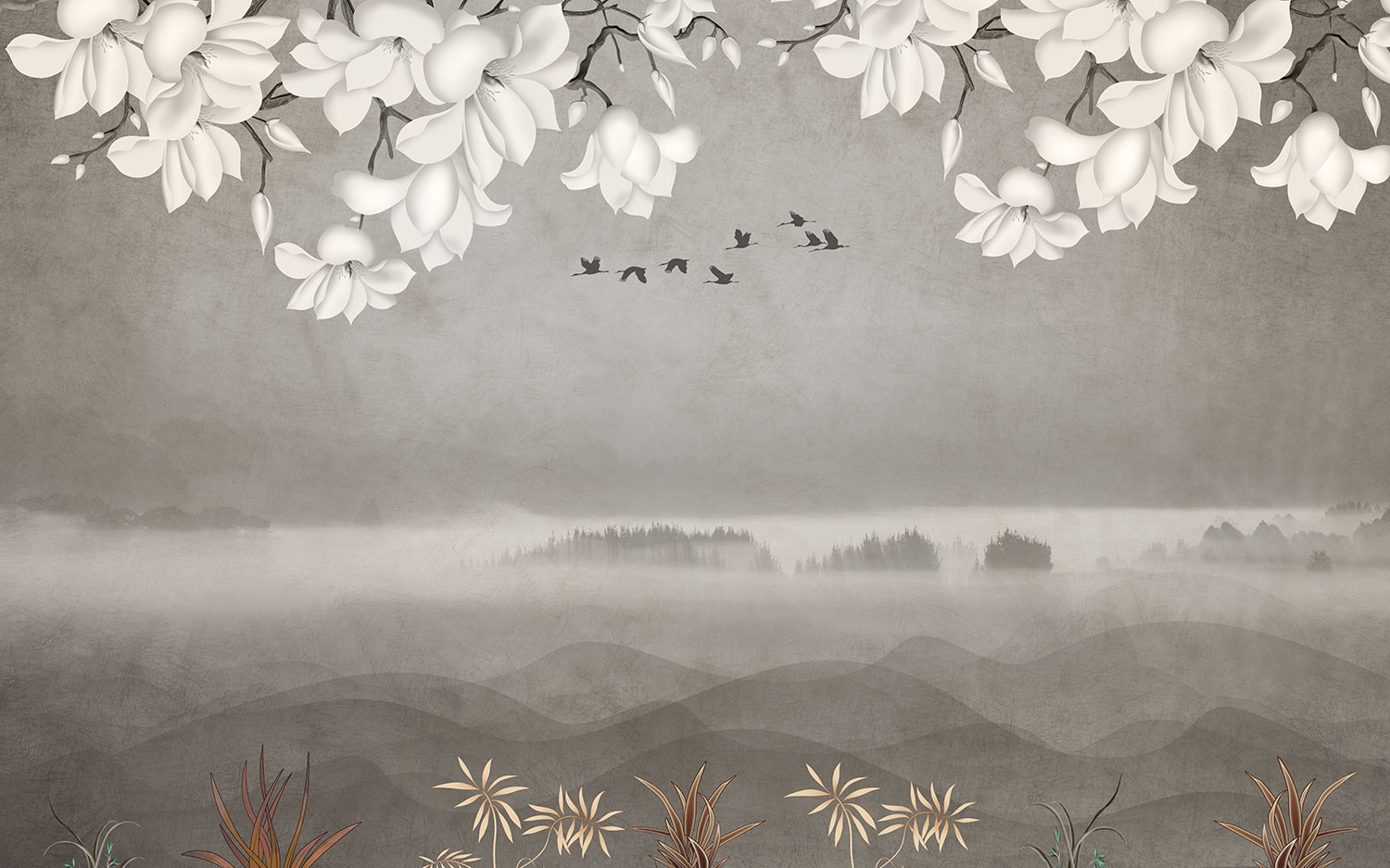 Fototapeten: Landschaft mit Wei&szlig;en Blumen