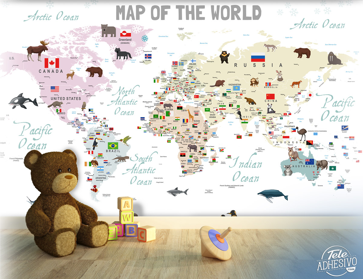 Fototapeten: Weltkarte für Kinder mit Flaggen und Tieren