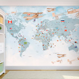 Fototapeten: Weltkarte für Kinder mit Flaggen und Flugzeugen 2