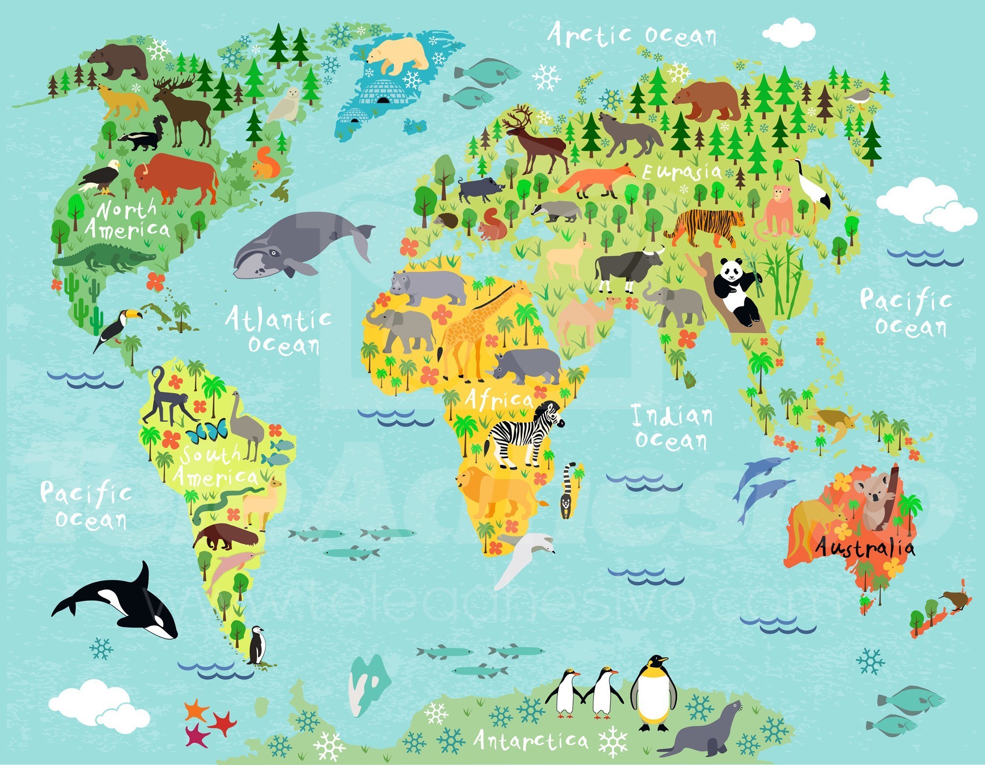 Fototapeten: Weltkarte Kinder Kontinente und Tiere