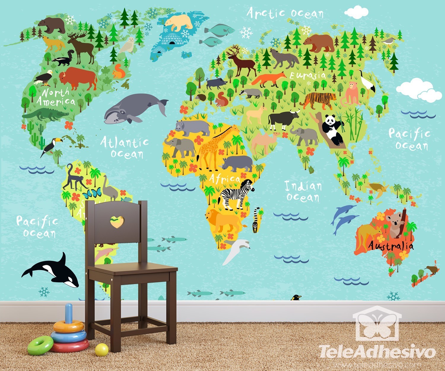 Fototapeten: Weltkarte Kinder Kontinente und Tiere
