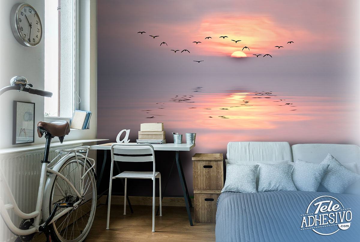 Fototapeten: Sonnenuntergang zwischen den Möwen