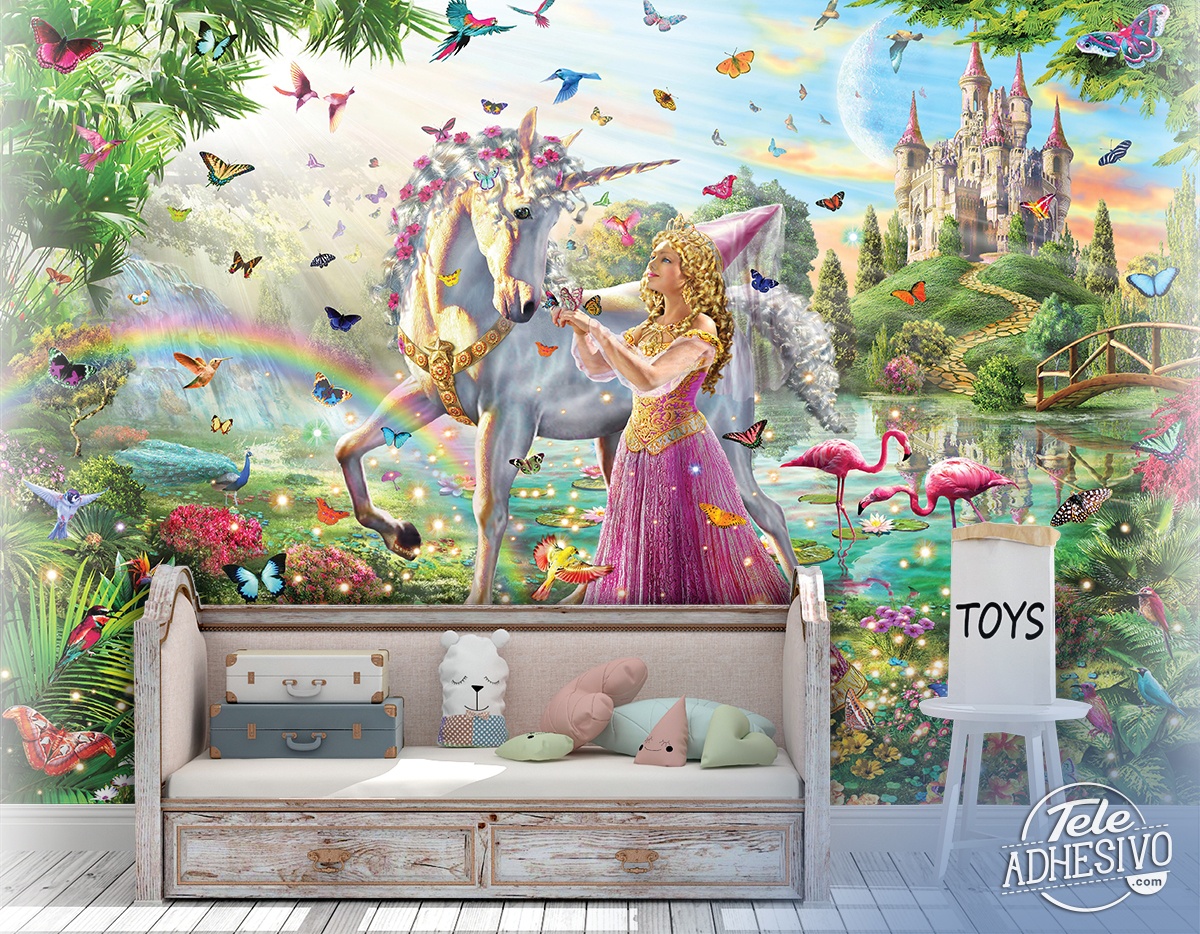 Fototapeten: Prinzessin und Einhorn in einem magischen Garten