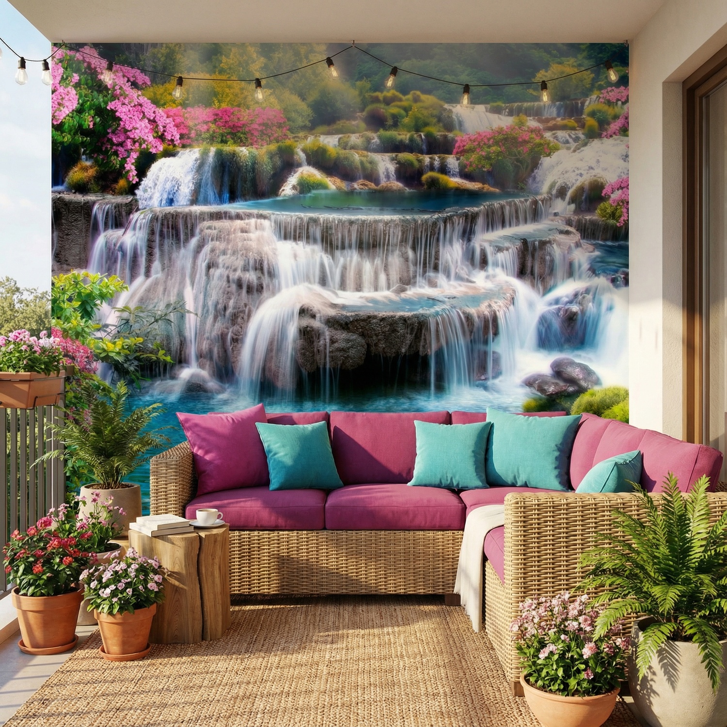 Fototapeten: Garten mit gro&szlig;en Wasserf&auml;llen