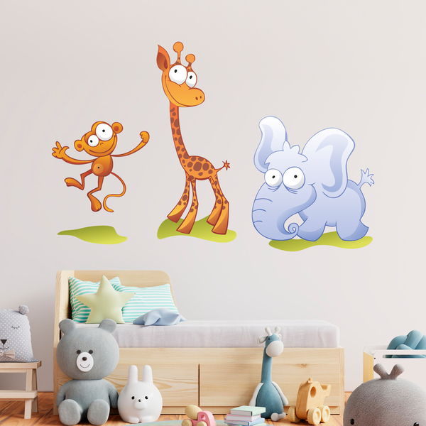 Kinderzimmer Wandtattoo: Zoo, ein kleiner Affe, eine Giraffe und ein Elefan