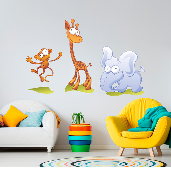 Kinderzimmer Wandtattoo: Zoo, ein kleiner Affe, eine Giraffe und ein Elefan