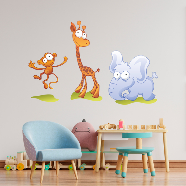 Kinderzimmer Wandtattoo: Zoo, ein kleiner Affe, eine Giraffe und ein Elefan