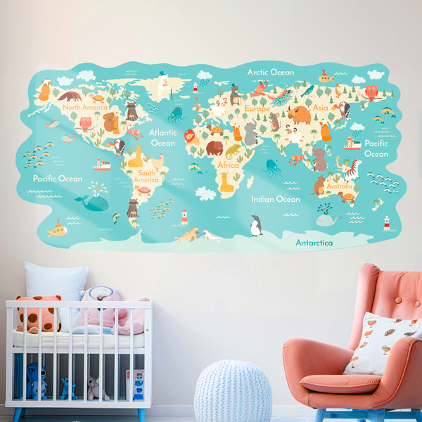 Kinderzimmer Wandtattoo: Weltkarte Tiere auf der ganzen Welt