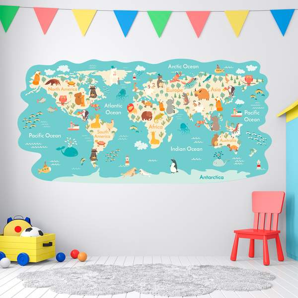 Kinderzimmer Wandtattoo: Weltkarte Tiere auf der ganzen Welt