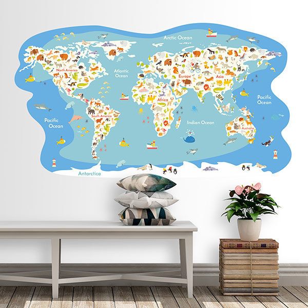 Kinderzimmer Wandtattoo: Weltkarte Ozeane und Tiere
