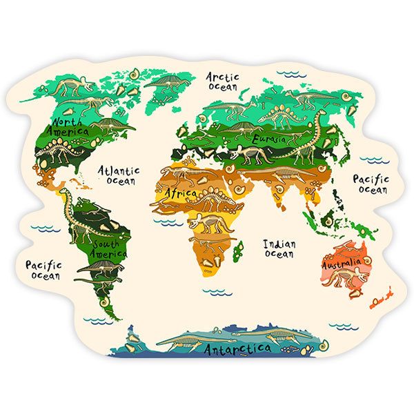 Kinderzimmer Wandtattoo: Weltkarte Kontinente und Dinosaurier