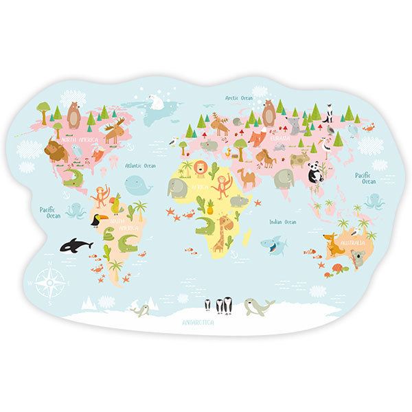 Kinderzimmer Wandtattoo: Weltkarte Tiere Pastellfarben