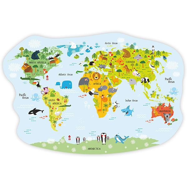 Kinderzimmer Wandtattoo: Weltkarte fröhliche Tiere