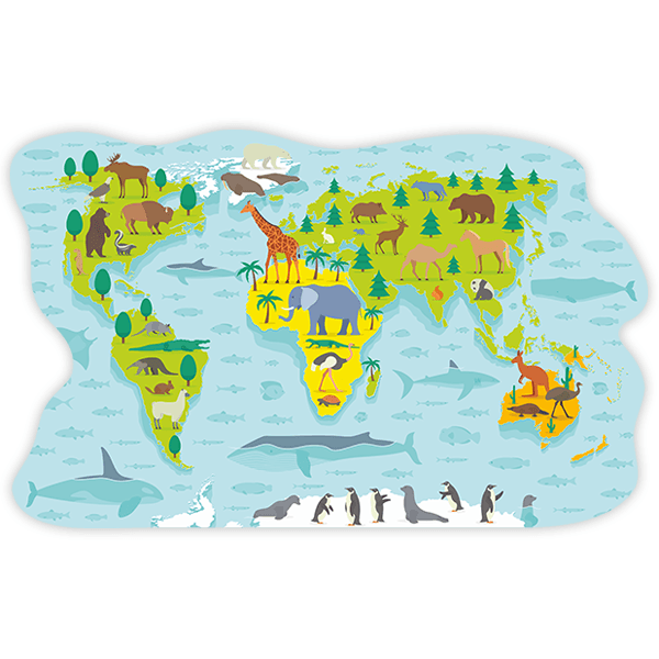 Kinderzimmer Wandtattoo: Weltkarte der HaupttiereWeltkarte der typischen Ti