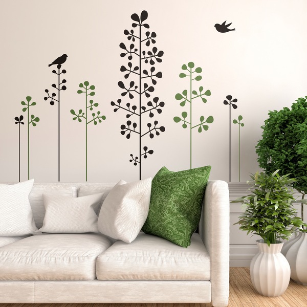 Wandtattoos: Blumensträucher und Vögel