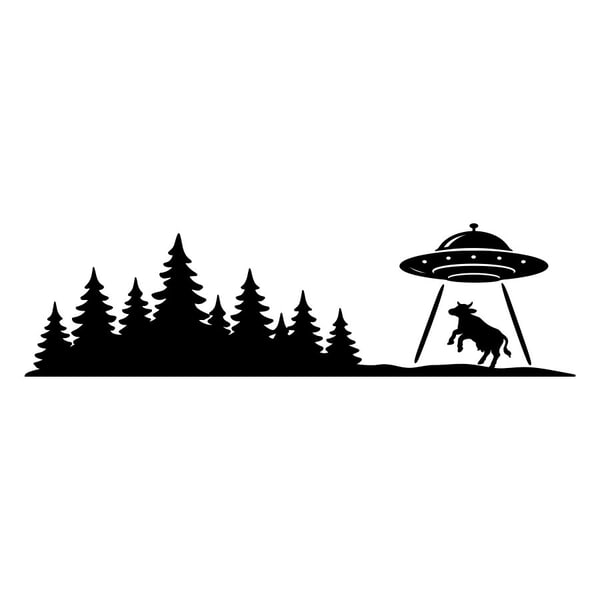 Aufkleber: Wald mit UFO und entführter Kuh