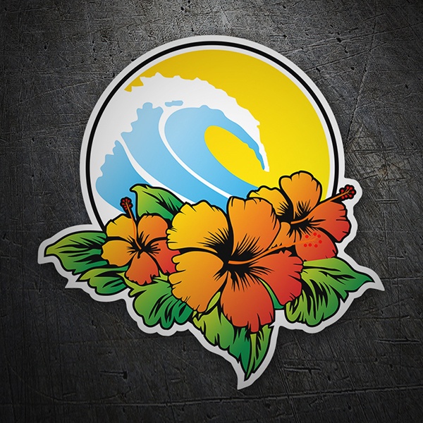Aufkleber: Hawaiianische Blumen und Surfwelle