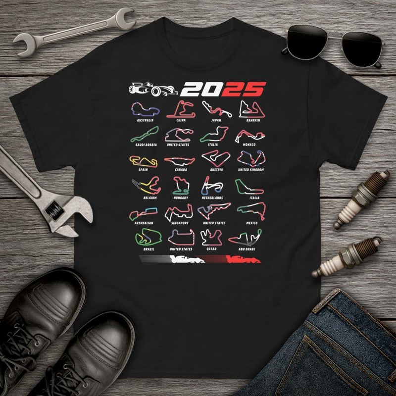 T-shirts: Strecken der Formel 1 2025 mit Nationalflaggen