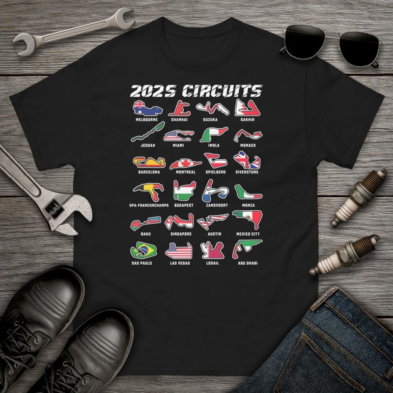 T-shirts: 2025 F1 Grand Prix mit Strecken und Flaggen