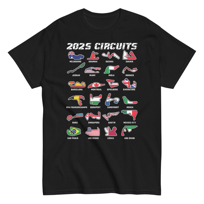 T-shirts: 2025 F1 Grand Prix T-Shirt mit Strecken und Flagge