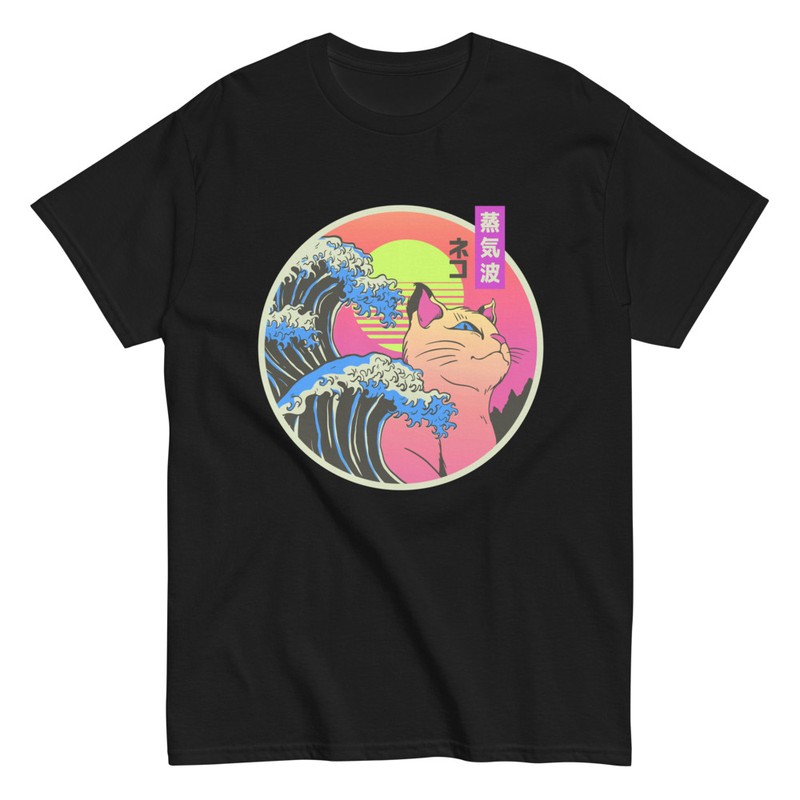 T-shirts: T-Shirt mit Kanagawa Welle und Kätzchen