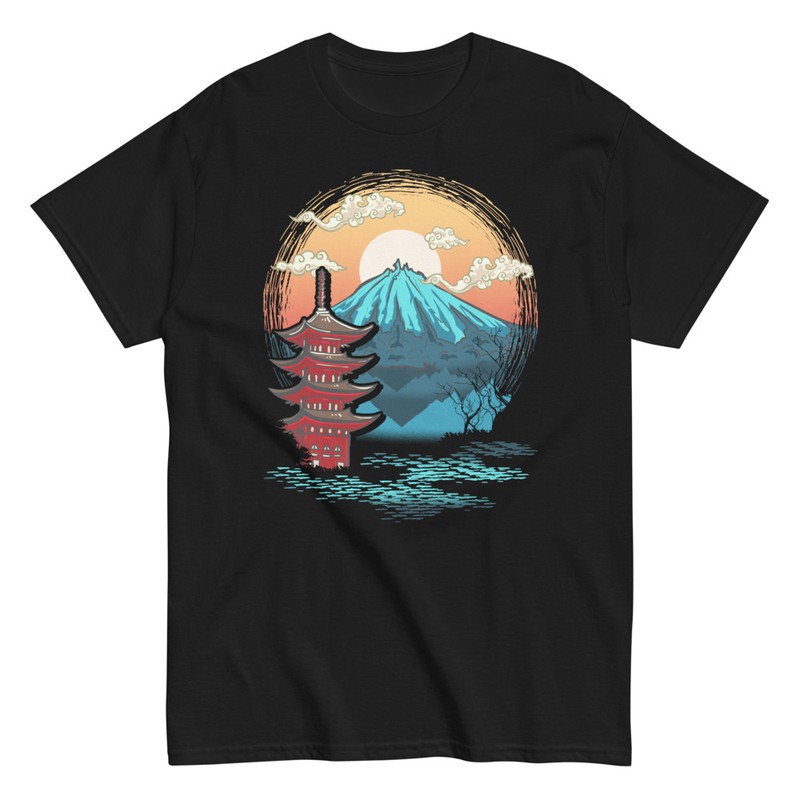 T-shirts: Vintage Japan T-Shirt mit Berg Fuji und Tempel