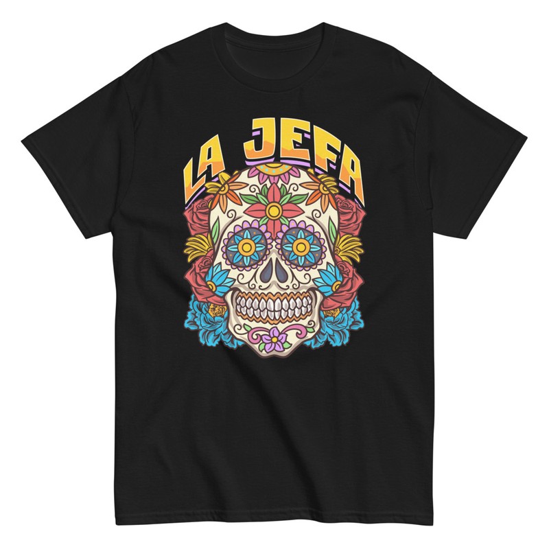 T-shirts: T-Shirt La Jefa mit Totenkopf und Blumen