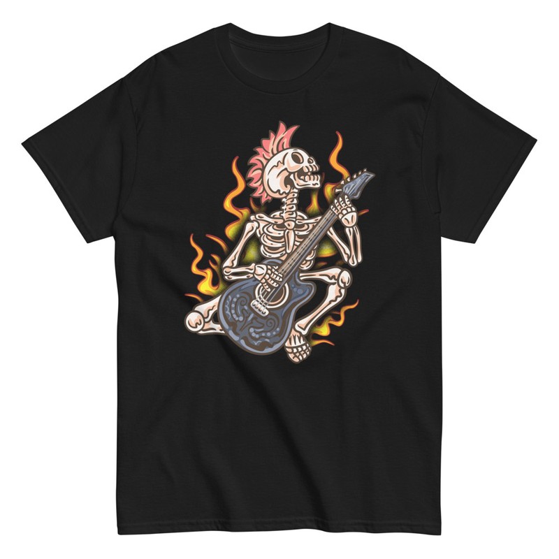 T-shirts: Skelett Punk Gitarrist in Flammen