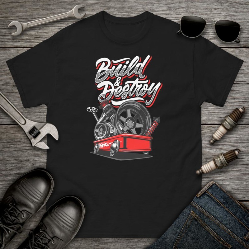 T-shirts: Rotes Rennwagen Design mit Build & Destroy Schrift