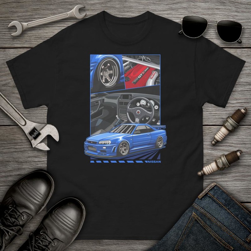 T-shirts: Blauer Sportwagen Nissan Skyline
