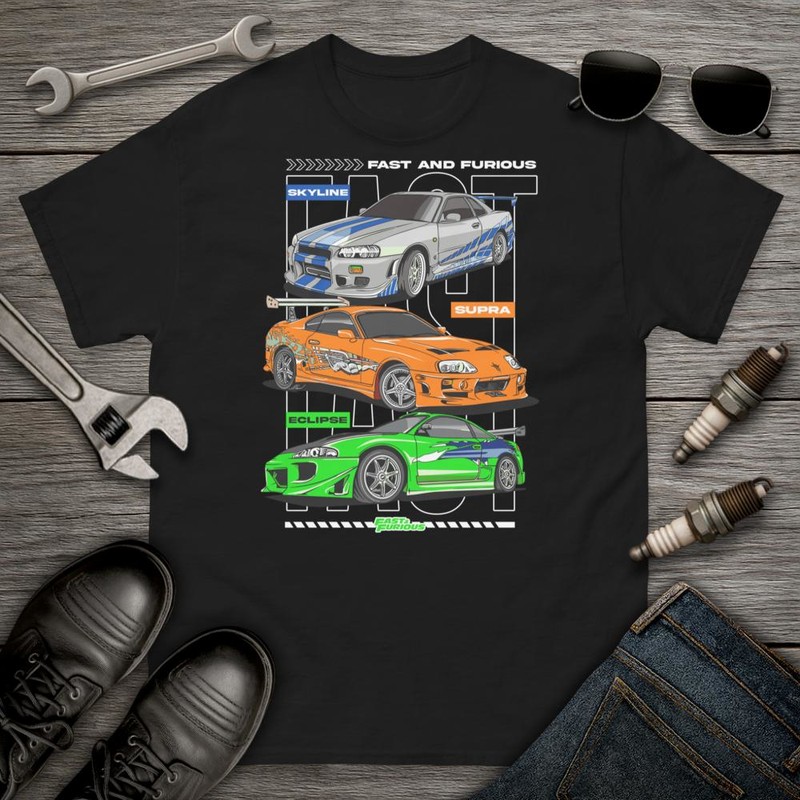 T-shirts: Drei Legend&auml;re Autos aus Fast and Furious