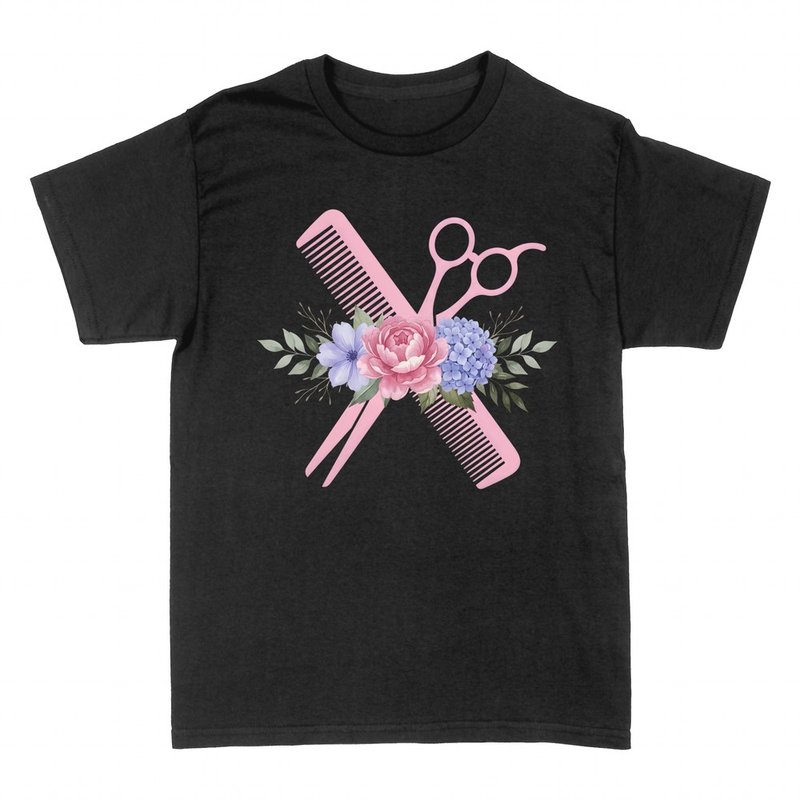 T-shirts: Kamm und Friseurschere mit Blumen