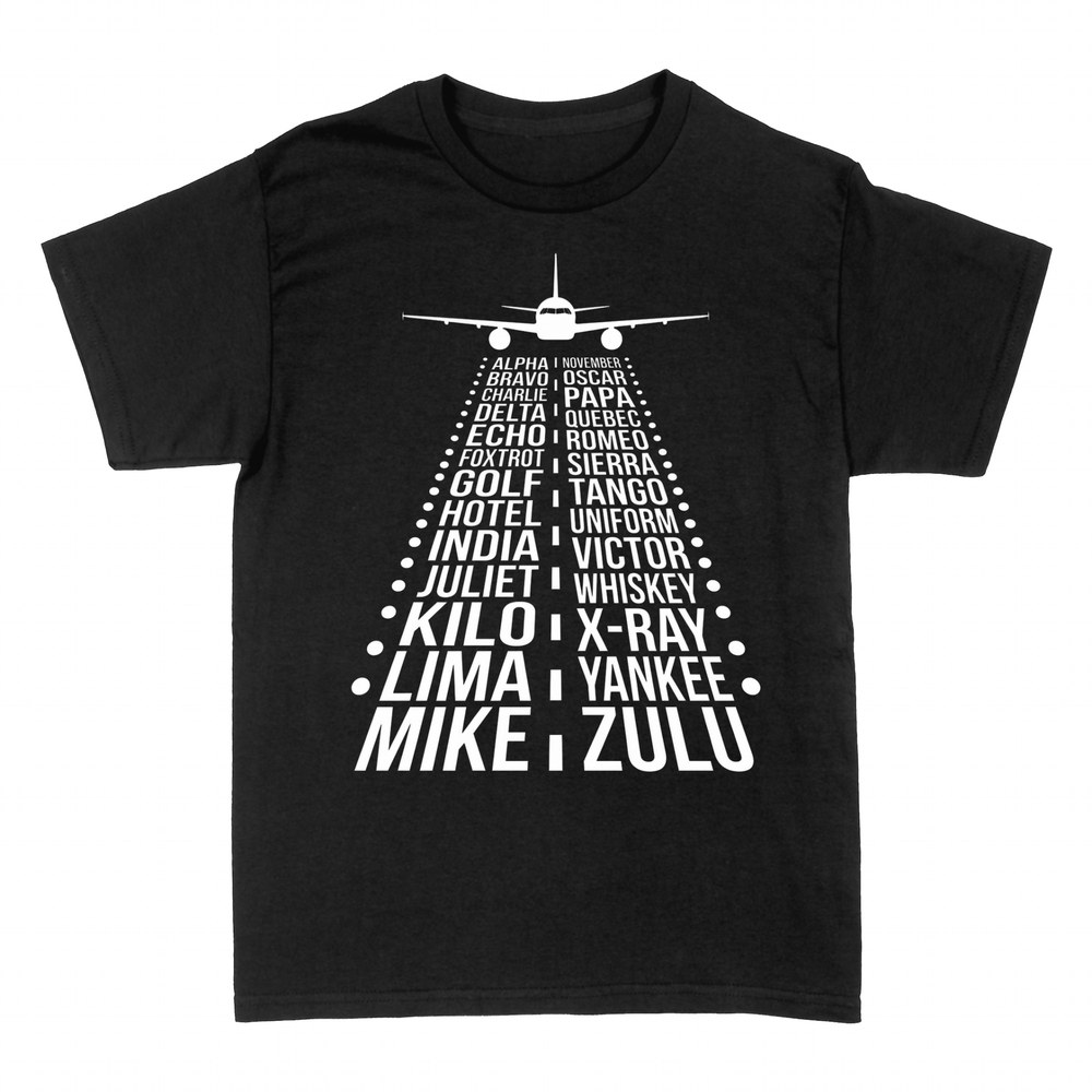 T-shirts: Flugzeug und Buchstabieralphabet auf Piste