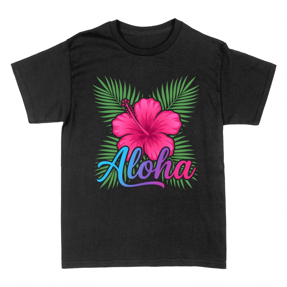T-shirts: Aloha mit pinker Hibiskusbl&uuml;te und Palmen