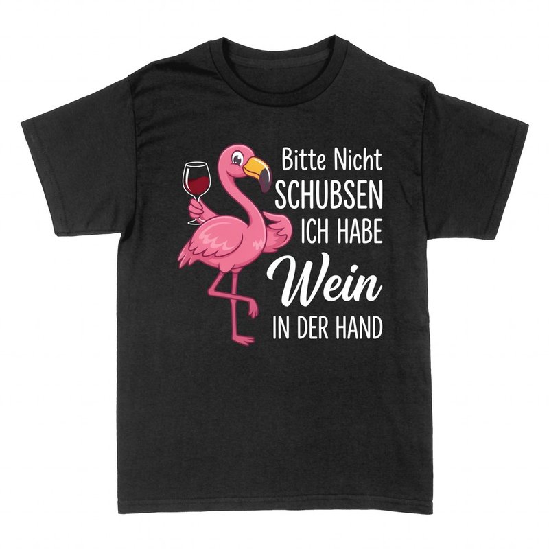 T-shirts: Flamingo mit Weinglas und Spruch