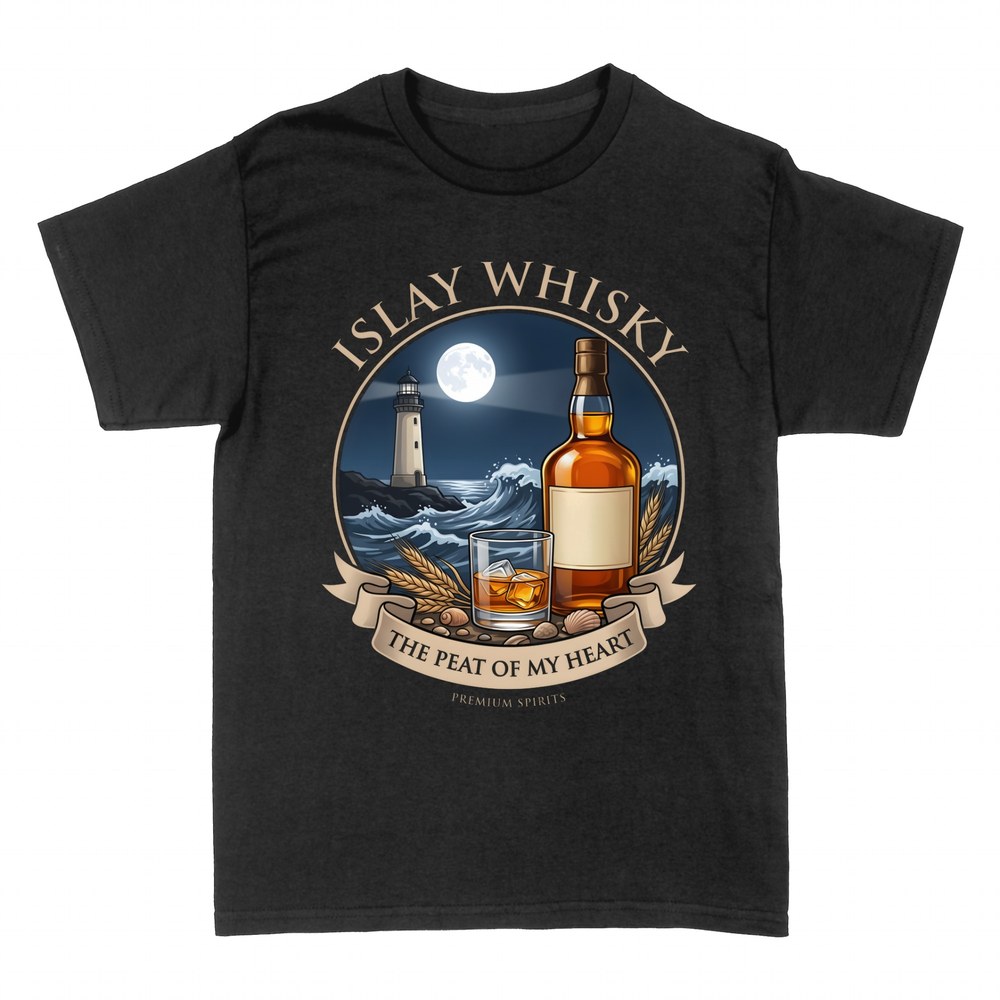 T-shirts: Islay Whisky mit Leuchtturm und Peat-Wortspiel