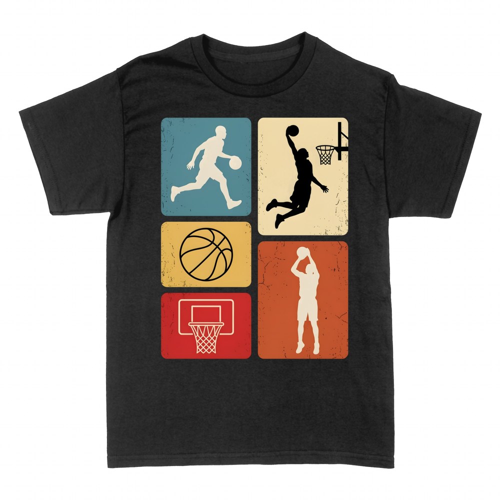 T-shirts: Retro Basketball Collage mit Silhouetten und Korb