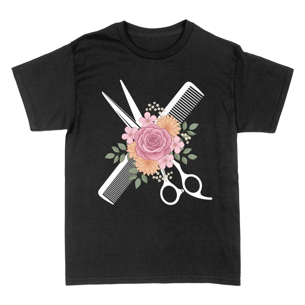 T-shirts: Friseurschere und Kamm mit Blumen