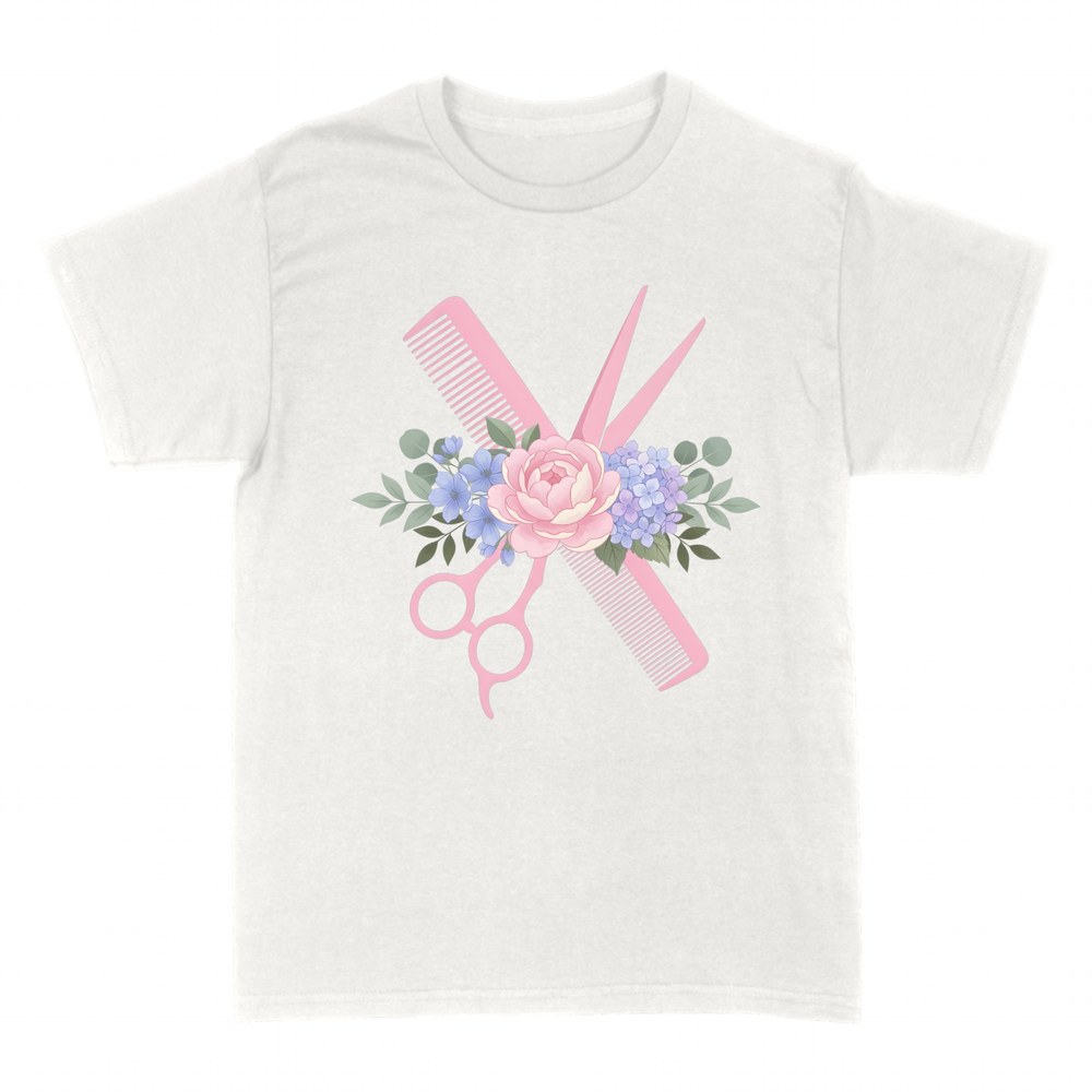 T-shirts: Friseur-Schere und Kamm mit Blumen