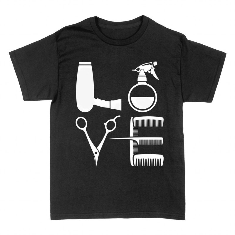 T-shirts: Love Friseur mit F&ouml;hn Schere und K&auml;mmen