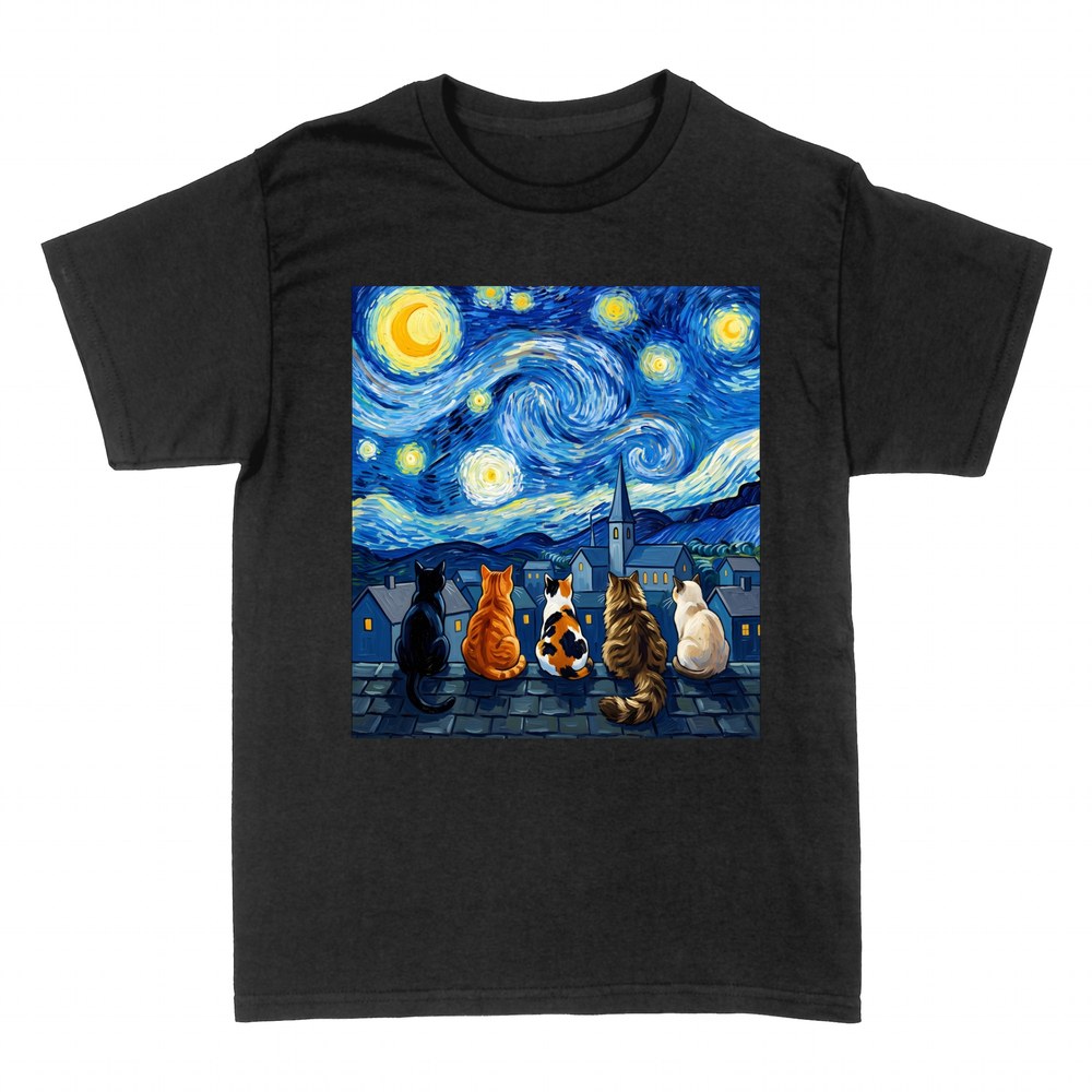 T-shirts: Katzen von hinten unter Van Goghs Sternennacht