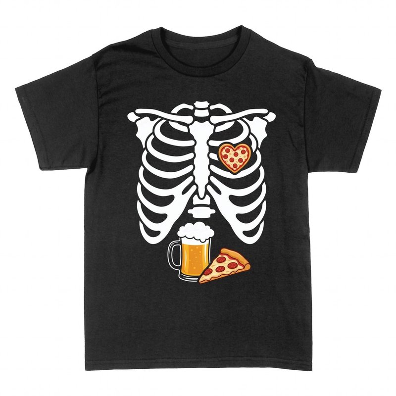 T-shirts: Skelett mit Herz-Pizza und Bier