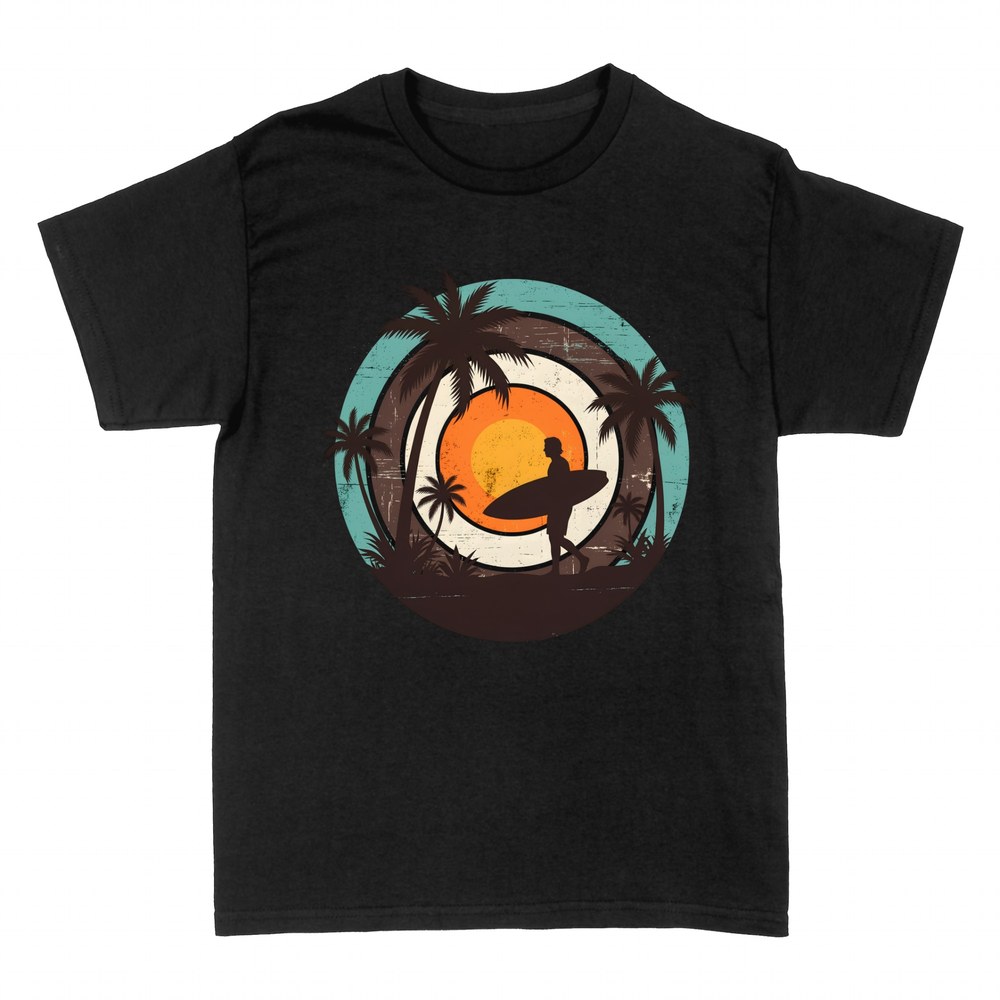 T-shirts: Surfer bei Sonnenuntergang mit Palmen
