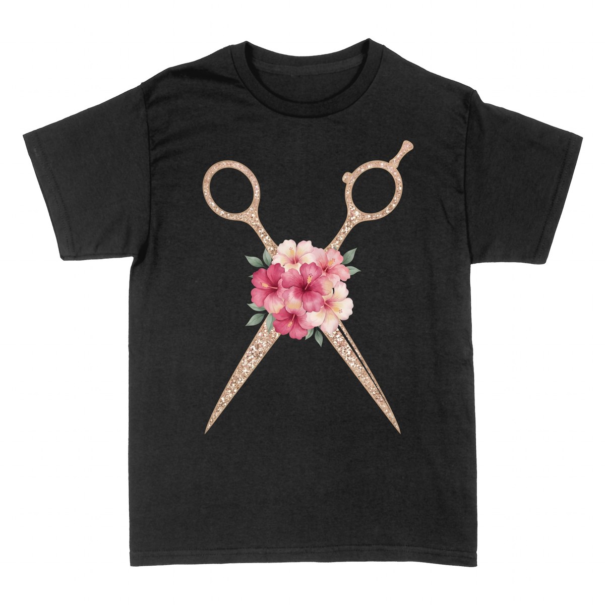 T-shirts: Goldene Schere mit Blumen