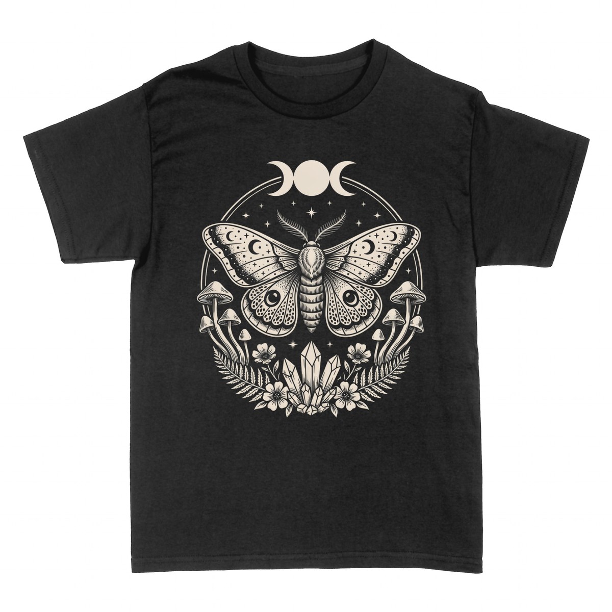 T-shirts: Mystische Motte mit Mondphasen und Kristallen