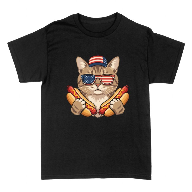 T-shirts: Katze mit USA-Kappe und Hotdogs