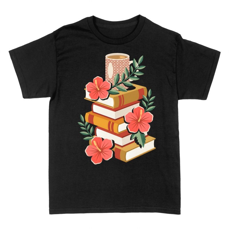 T-shirts: B&uuml;cherstapel mit Kaffee und Blumen